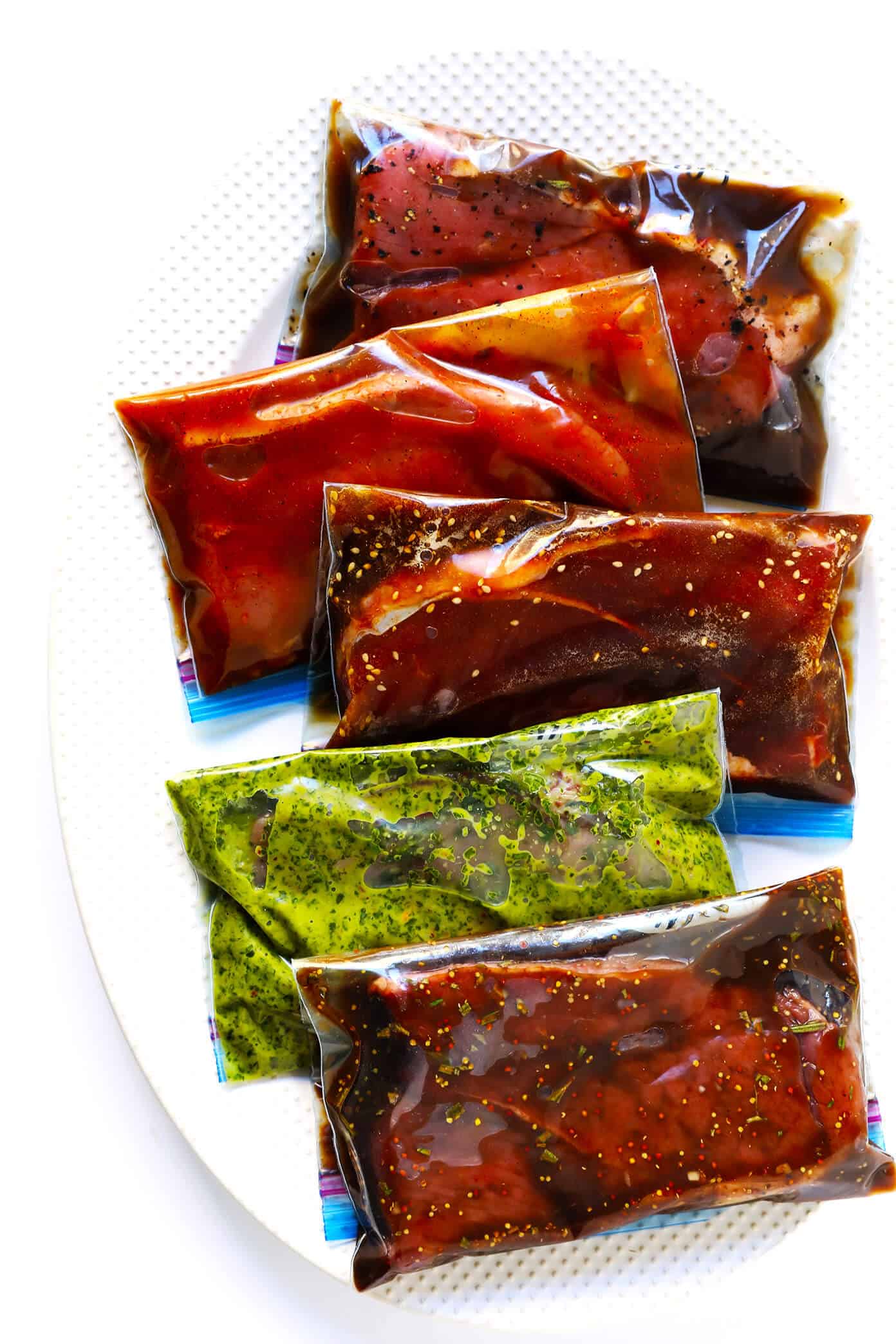 These 5 easy steak marinade recipes are simple to make, freezer-friendly, and totally dependable and delicious! Perfect for grilling, roasting, sautรฉing, slow cooking, meal prep, and more. Marinades include: Cold Brew Coffee, Fajita, Korean, Chimichurri and Balsamic Herb. | Gimme Some Oven #steakmarinade #steakrecipe #beefmarinades #howtocooksteak Marinade For Steak