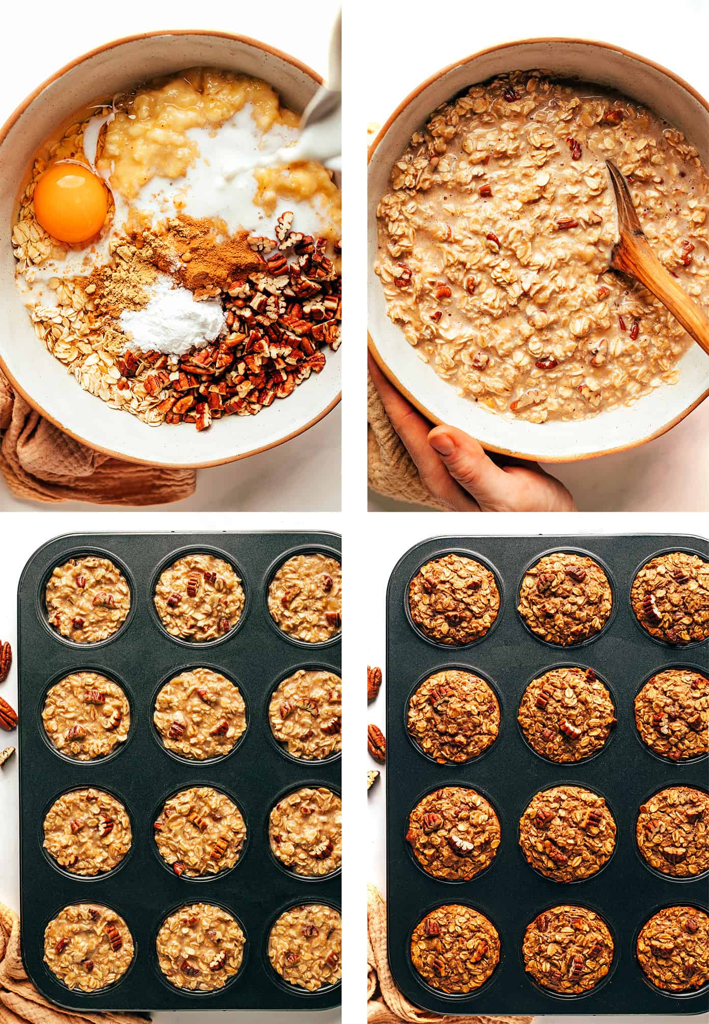 This banana baked oatmeal cups recipe is easy to make, naturally gluten-free, and perfect for healthy grab-and-go breakfast and snacks. Feel free to add in nuts, chocolate chips, raisins or coconut if you'd like too. And these oat cups freeze well if you'd like to do some meal prep for make ahead breakfasts. | gimmesomeoven.com Step by step photos showing how to make baked oatmeal cups