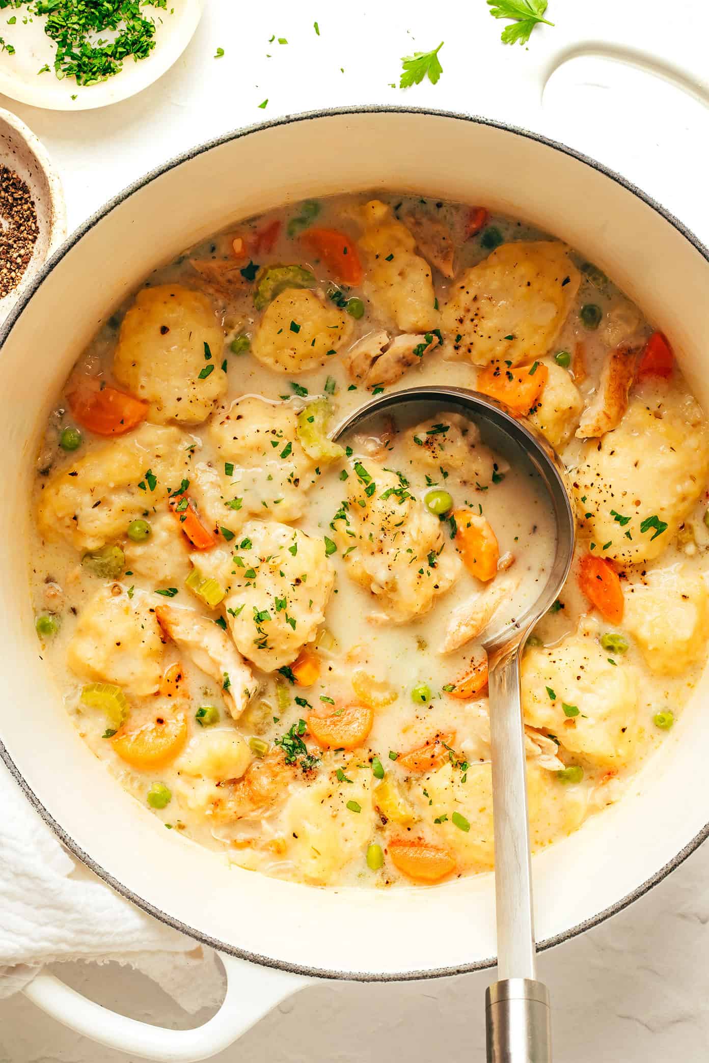 pot of chicken and dumplings
