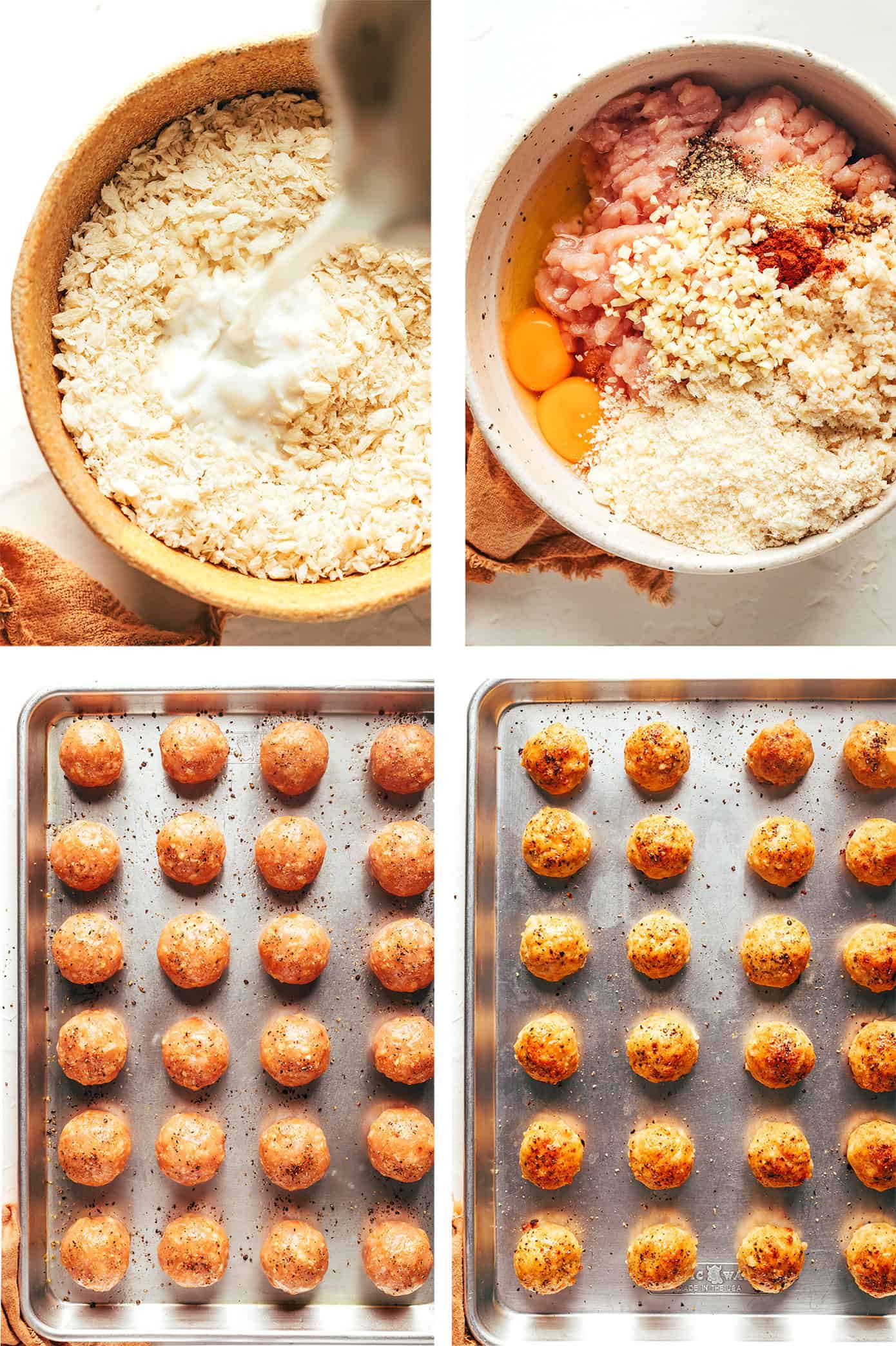 My go-to baked chicken meatballs recipe is easy to make, perfectly moist and tender, and customizable with your favorite seasonings. Serve with Italian marinara, Swedish gravy, Thai curry, Greek tzatziki, buffalo sauce, or whatever sounds best! | gimmesomeoven.com How to make meatballs