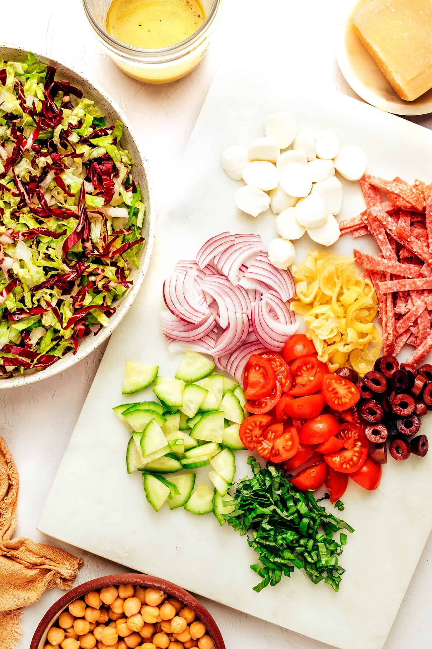 My favorite Italian chopped salad recipe is fresh, hearty, and bursting with zesty Italian flavors in each bite. | gimmesomeoven.com Italian salad ingredients