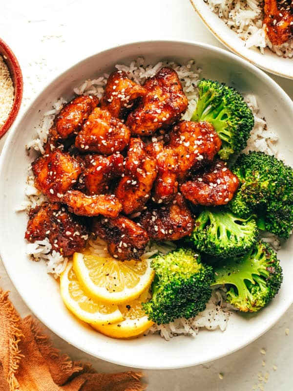 Sticky Honey Lemon Chicken with Roasted Broccoli and Rice