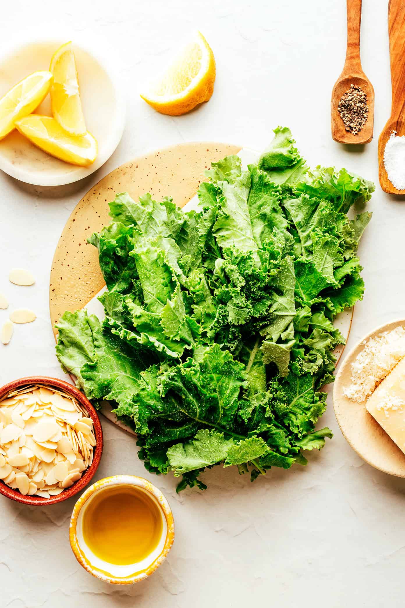 This easy kale salad recipe only takes 5 minutes to make with kale, Parmesan, sliced almonds, lemon, olive oil, and tastes great with just about everything! Feel free to add extra veggies or a protein (such as chicken, shrimp, salmon, etc) if you'd like. | gimmesomeoven.com Kale Salad Ingredients