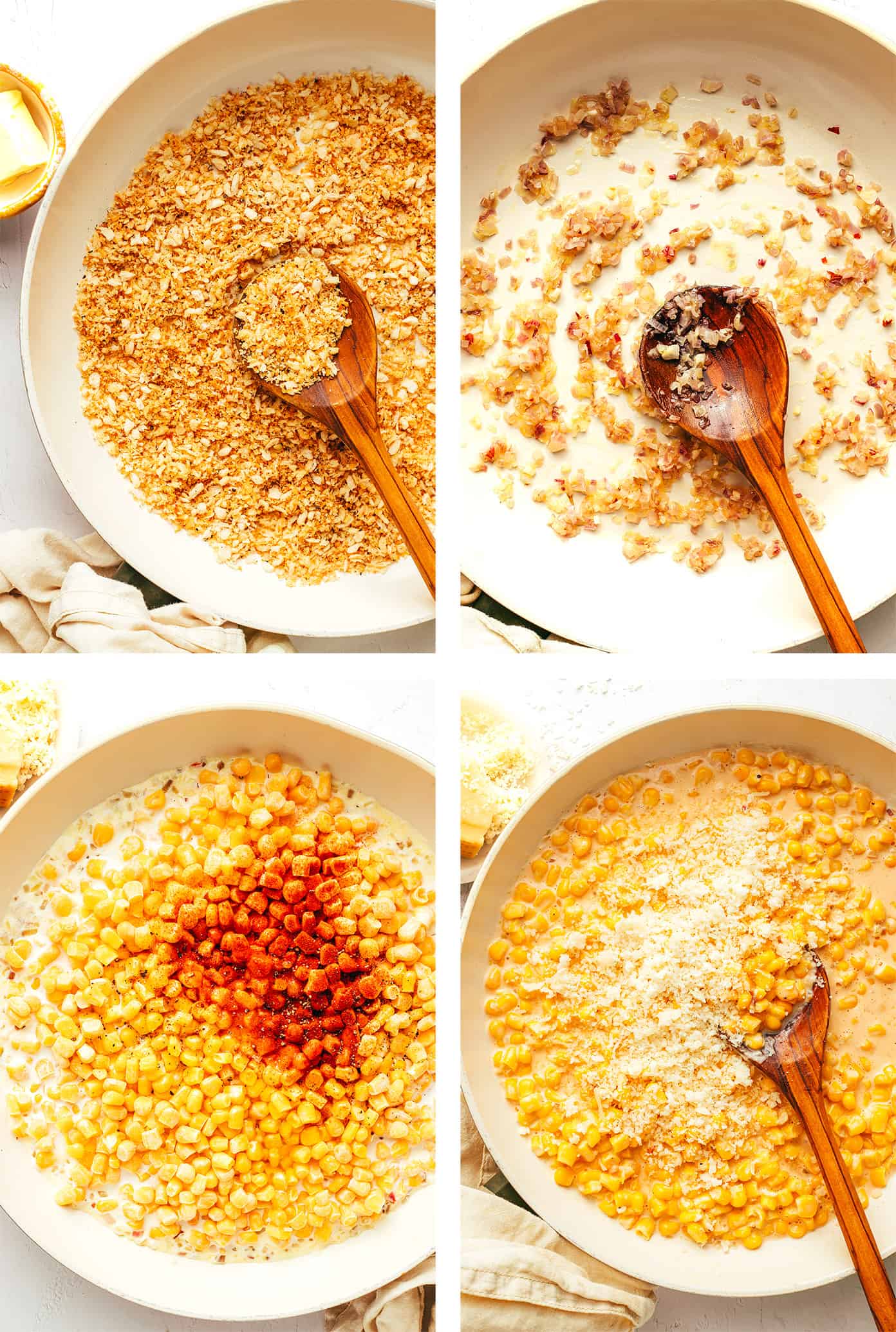 This Parmesan Creamed Corn recipe is layered with sweet and savory flavors, perfectly creamy and cheesy, and sprinkled with irresistible crispy toasted garlic breadcrumbs. Perfect for the holidays, such as Thanksgiving or Christmas, or for any weeknight dinner that needs a simple side dish! | gimmesomeoven.com How to make creamed corn