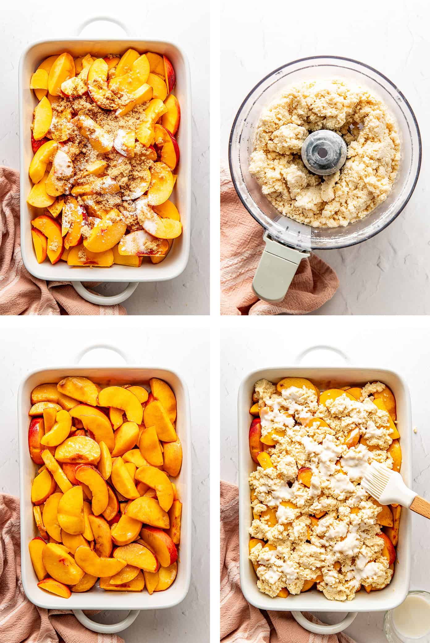 This easy peach cobbler recipe features a juicy cinnamon-vanilla peach filling and a golden buttery biscuit topping -- the perfect dessert to celebrate fresh peach season! | gimmesomeoven.com step by step photos showing how to make peach cobbler