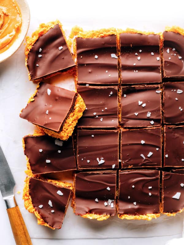 Chocolate peanut butter bars on cutting board