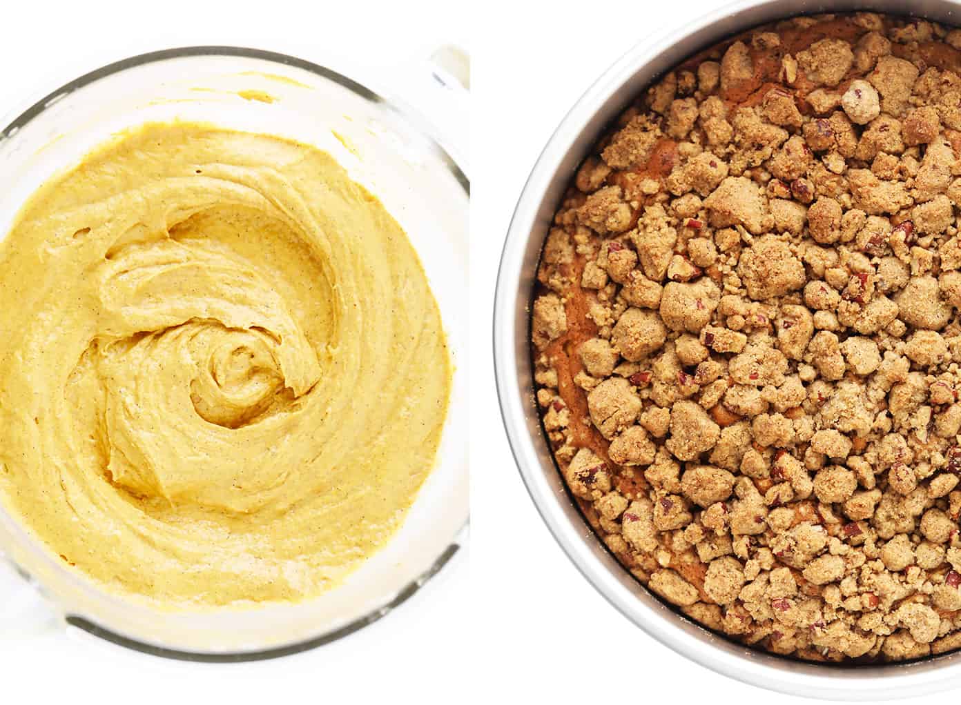 This pumpkin coffee cake is moist and perfectly spiced, then topped with a crunchy streusel crumb topping and a quick cream cheese drizzle. It's easy to make and the perfect breakfast or brunch treat for fall or the holidays! | gimmesomeoven.com Pumpkin coffee cake batter and cake pan