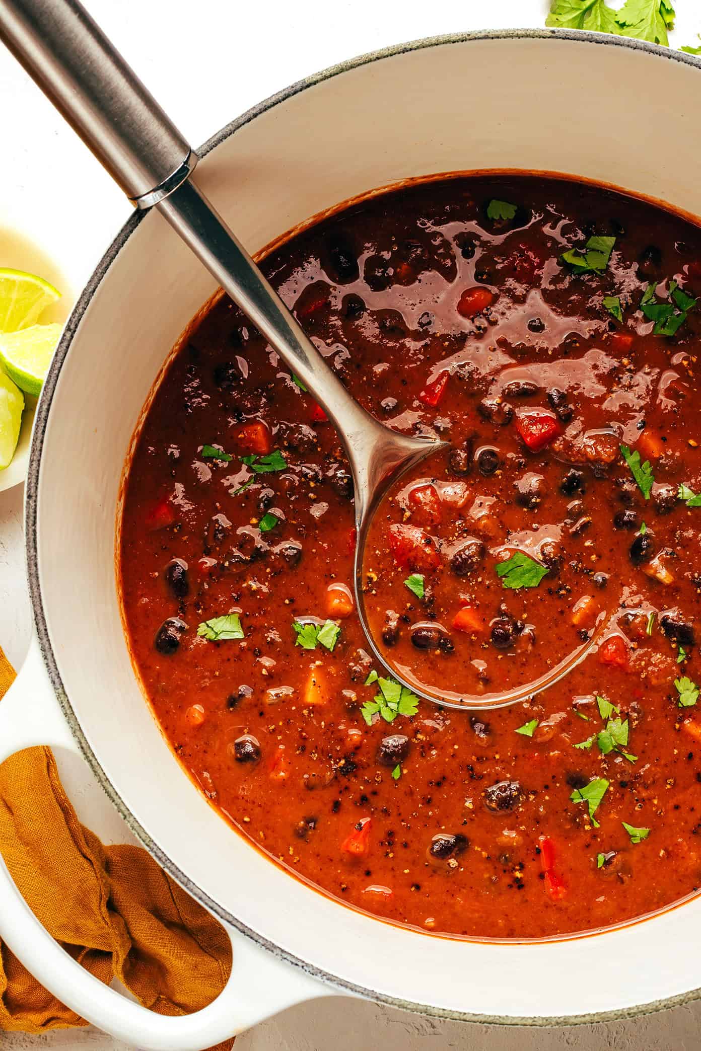 This Mexican-inspired quick black bean soup recipe is full of flavor and protein and comes together in less than 30 minutes! A delicious, feel-good dinner that's naturally gluten-free, vegetarian and vegan. | gimmesomeoven.com Easy Black Bean Soup in Pot