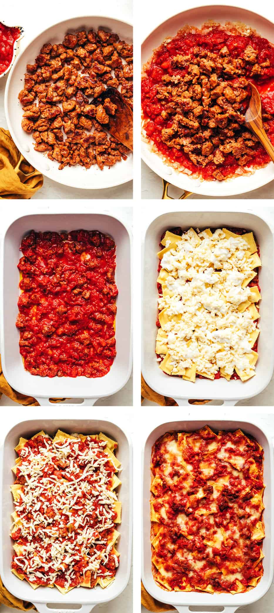 This Italian-inspired ravioli lasagna recipe is easy to make with 8 ingredients and only 15 minutes of hands-on prep time. Feel free to combine Italian sausage with the marinara to make a meat sauce, or omit to make this recipe vegetarian. Always a delicious and easy dinner recipe! | gimmesomeoven.com Step by step photos showing how to make ravioli lasagna