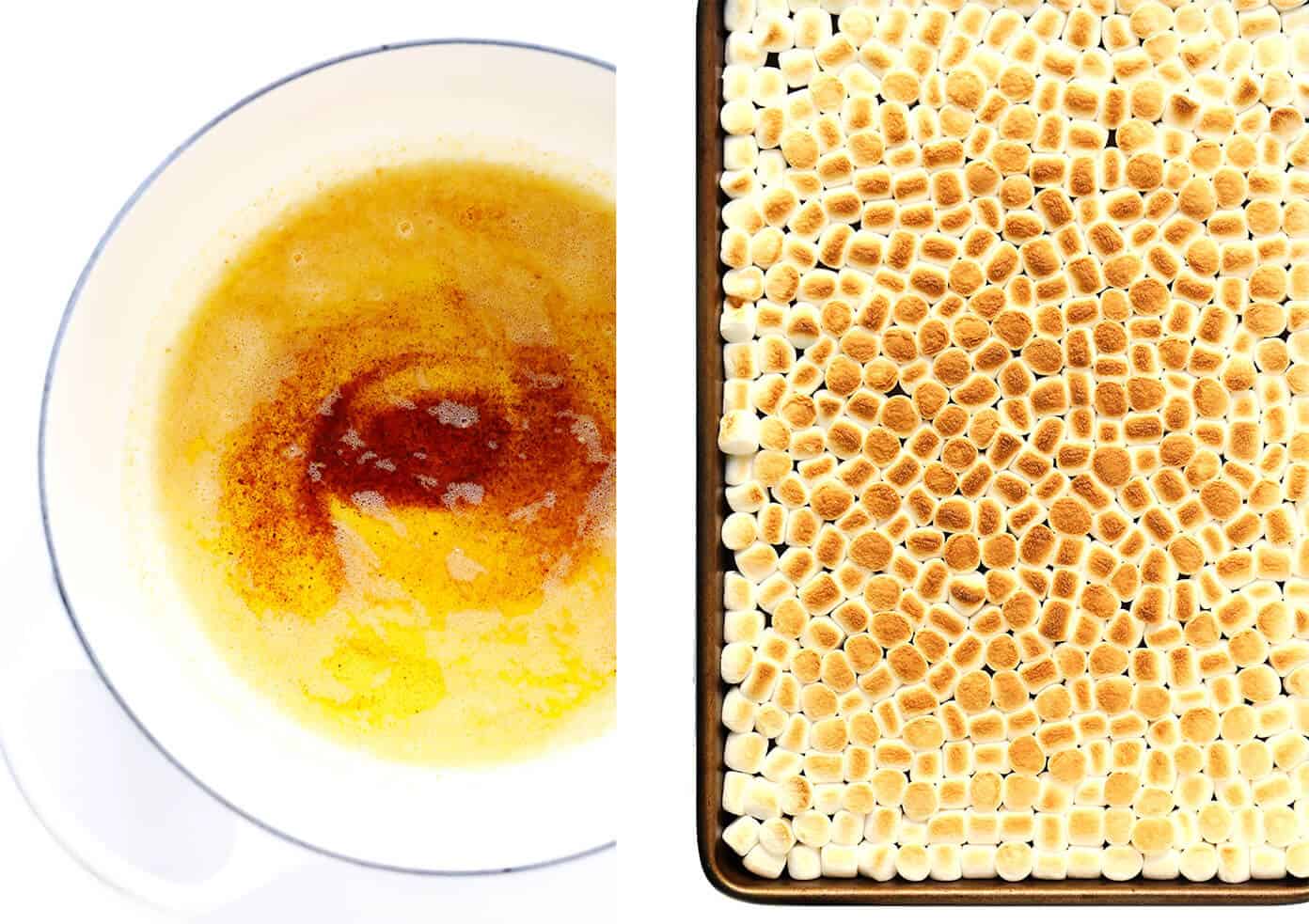 The classic 3-ingredient Rice Krispie Treats recipe is kicked up an irresistible notch with brown butter, toasted marshmallows, a splash of bourbon (if you'd like), and an extra pinch of sea salt. Always a delicious and nostalgic easy dessert recipe! | gimmesomeoven.com #ricekrispies #treats #cereal #dessert #vegan #treat #marshmallow Brown Butter and Toasted Marshmallows