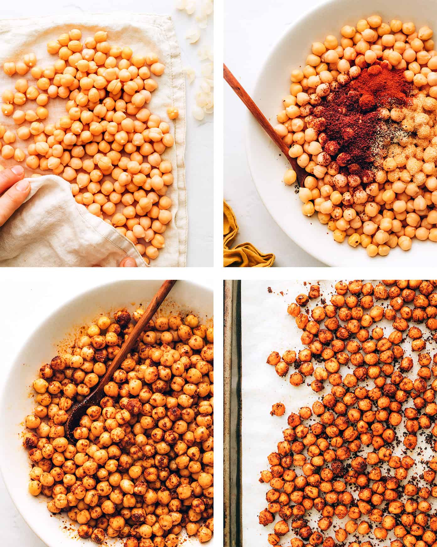 This oven roasted chickpeas recipe is super-simple to make with a simple seasoning blend (smoked paprika, sumac, garlic powder, salt and pepper) and irresistibly crispy and delicious! Perfect as a healthy snack or topping salads, soups, buddah bowls, pastas and more. Also naturally vegetarian, vegan and gluten-free. | gimmesomeoven.com Step by step photos of how to make roasted chickpeas