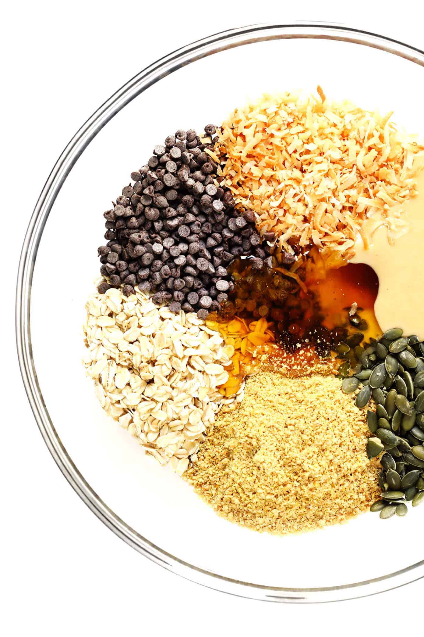 This simple Seed Cycling Energy Bites recipe is a delicious way to eat the daily serving of seeds recommended to help naturally balance women's hormones. Naturally gluten-free, easy to make, and delicious too! | gimmesomeoven.com #healthy #snack #hormones #health #glutenfree #vegan #breakfast #seedcycling Seed Cycling Energy Bites Ingredients | Pepitas and Flax Seeds