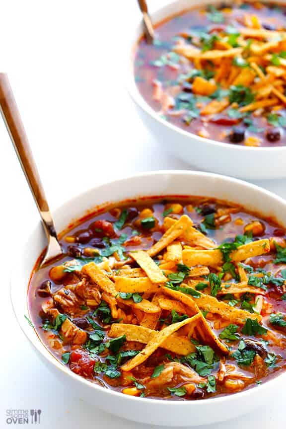 Slow Cooker Chicken Enchilada Soup | gimmesomeoven.com #crockpot Slow Cooker Chicken Enchilada Soup | gimmesomeoven.com #crockpot