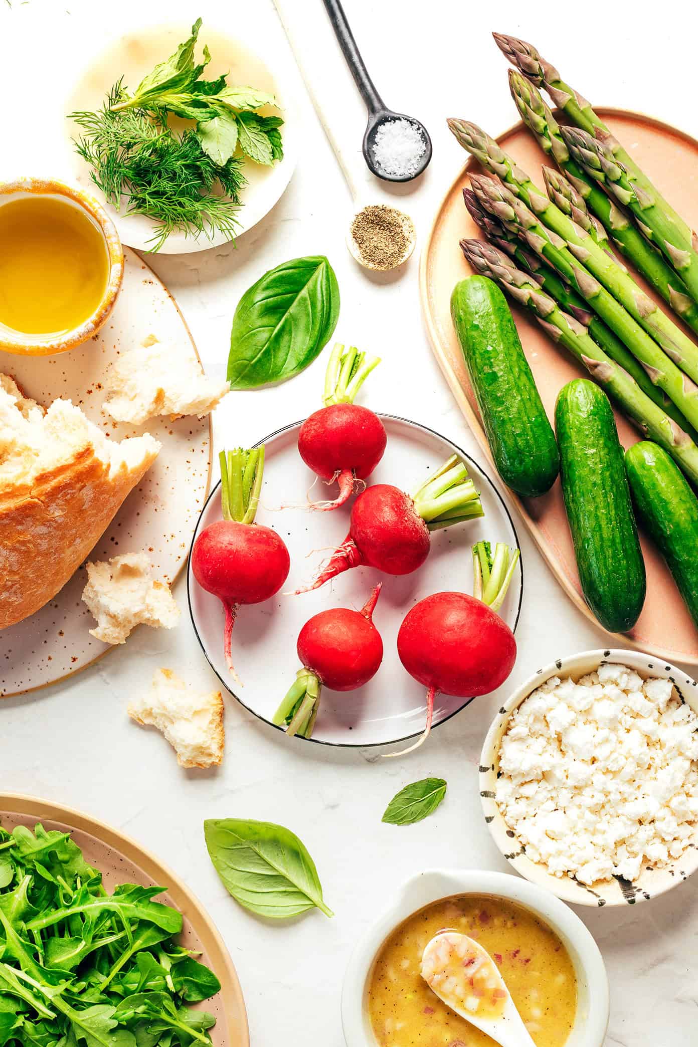 This vibrant spring panzanella salad recipe features crispy sourdough croutons, roasted asparagus, fresh veggies, herbs, feta, and a lemony shallot vinaigrette. | gimmesomeoven.com Spring Panzanella Ingredients