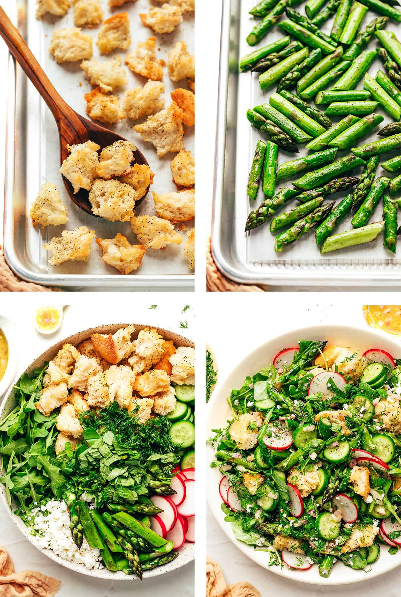 This vibrant spring panzanella salad recipe features crispy sourdough croutons, roasted asparagus, fresh veggies, herbs, feta, and a lemony shallot vinaigrette. | gimmesomeoven.com Step by step instructions showing how to make spring panzanella