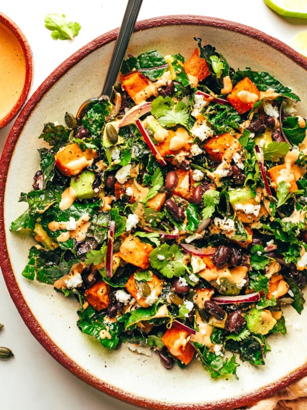 Sweet Potato Kale Avocado Salad with Chipotle Tahini Dressing