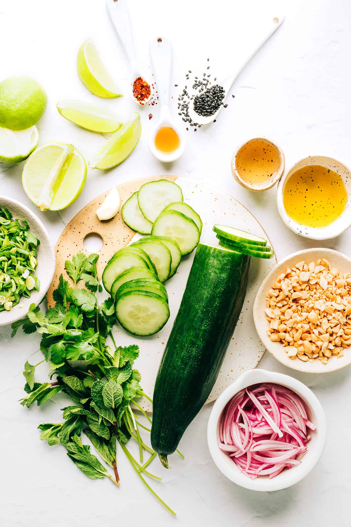 This Thai cucumber salad recipe is loaded up with fresh cucumbers, onions, herbs and peanuts and tossed with a quick zesty lime dressing. It's the perfect cold side dish, and it's naturally gluten-free and can be made vegetarian/vegan too. | gimmesomeoven.com Thai Cucumber Salad Ingredients